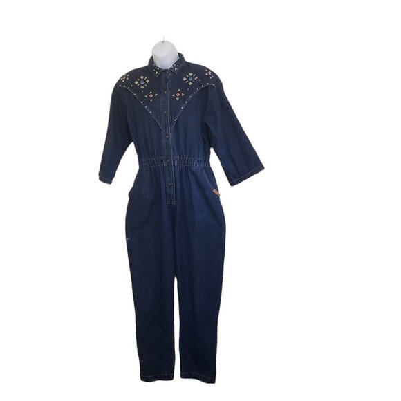 Dreams Vintage Women's Jumpsuit Size L Denim Studded Snap Elastic Playsuit Rompe - Picture 4 of 16